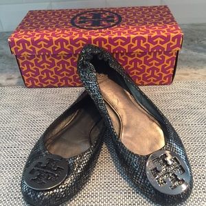 Tory Burch Reva Plated snake flat shoe